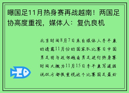 曝国足11月热身赛再战越南！两国足协高度重视，媒体人：复仇良机